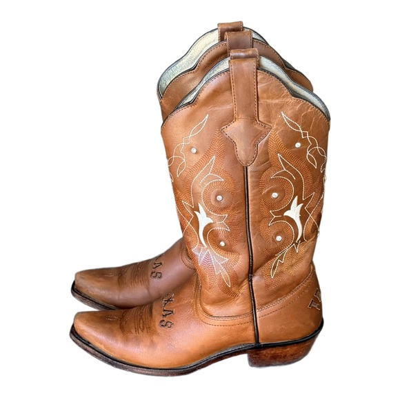 Gypsy Rose Texas Rhinestone Embellished Brown Leather Western Cowboy Boots - Picture 3 of 10